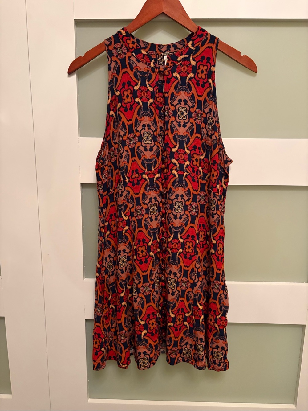 Free People Get Together Navy Orange Bohemian Print Rayon Sleeveless Mini Dress